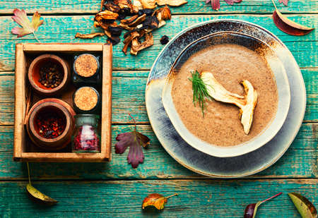 Tasty mushroom cream soup.Bowl of autumn mushroom cream soupの写真素材
