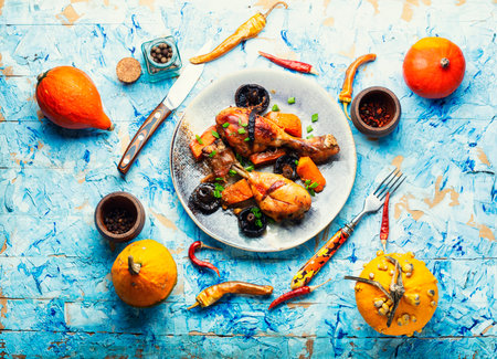Roasted chicken legs with pumpkin and mushrooms. Autumn meat recipeの写真素材