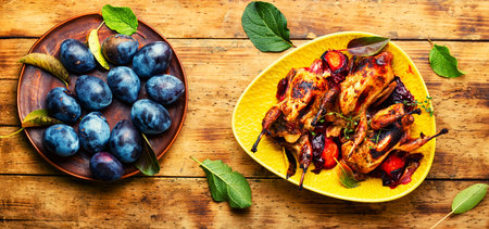 Roasted whole quail in plum sauce. Meat with plum.の写真素材