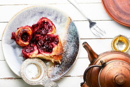 Homemade cottage cheese pie with cherry. Pie for teaの写真素材