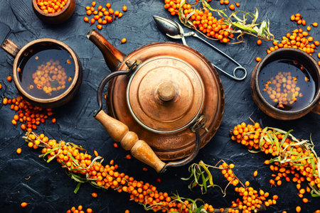 Salubrious autumn drink, tea with fresh sea buckthorn berriesの写真素材