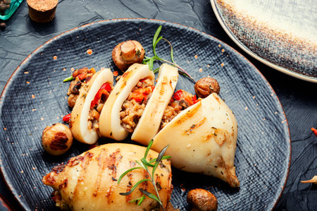 Tasty grilled squids with vegetable stuffing. Stuffed calamari. Seafood, mediterranean food