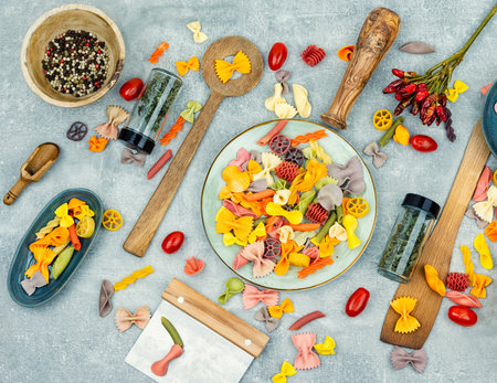 Colorful Italian pasta. Various colors of pastaの写真素材