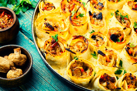 Vegetables baked with cheese in pita bread. Casserole