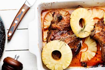 Fresh delicious grilled pork chop steak with roasted pineappleの写真素材