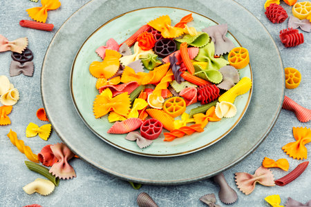Colorful italian raw pasta on plate. Heap of colorful macaroniの写真素材