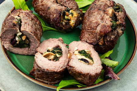 Beef rolls stuffed with mushrooms and herbs. Roasted meatの写真素材