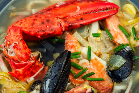 Appetizing soup with lobster, mussels, shrimps and fish. Mediterranean foodの写真素材