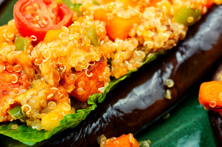 Grilled eggplant stuffed with pumpkin and quinoa. Vegetarian food recipeの写真素材