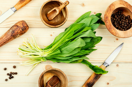 Fresh wild garlic on rustic vintage table, wild garlic dishes. Healthy cooking concept, top view.の写真素材