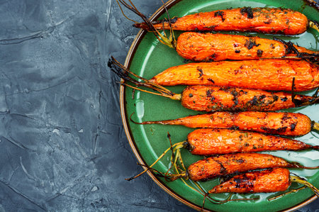 Baked with herbs and spices whole carrots. Copy spaceの写真素材