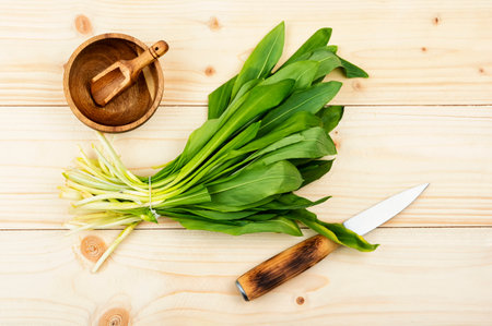 Bunch wild garlic on rustic vintage table, wild garlic dishes. Top view. Homeopathic herbsの写真素材