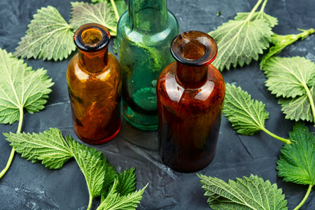 Fresh nettle leaves and pharmacy bottle, homeopathic herbs.の写真素材