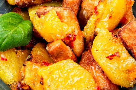 Healthy appetizer or tofu grilled with pineapple. Vegan mealの写真素材