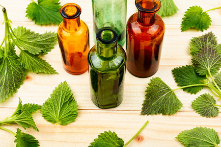 Fresh nettle leaves and pharmacy bottle, homeopathic herbs. Herbal medicineの写真素材