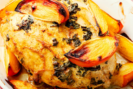 Chicken breast baked with persimmons. Roasted meat. Close upの写真素材