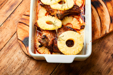 Meat steak fried with pineapple. Grilled pork chop with pineappleの写真素材