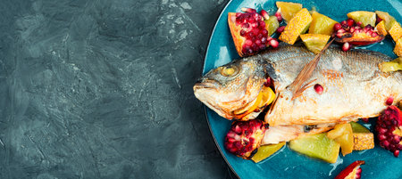 Baked dorado fish with melon and pomegranate on plate, seafood. Copy space.