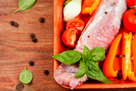 Fresh roasting meat in a baking dish with peppers, tomatoes and spices. Copy space.の写真素材
