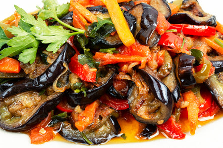 Vegetable saute with eggplant. Stewed vegetarian food.の写真素材