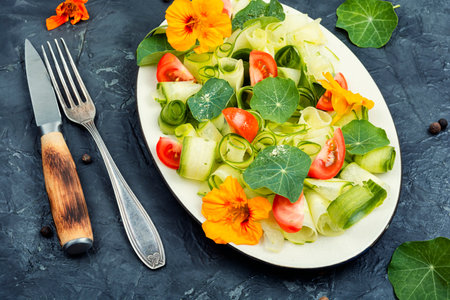 Ketogenic salad with assorted vegetables and nasturtium on concrete background.の写真素材