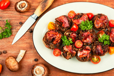 Homemade champignon stuffed with minced meat, tomatoes and bacon on on wooden background. Flat lay.の写真素材
