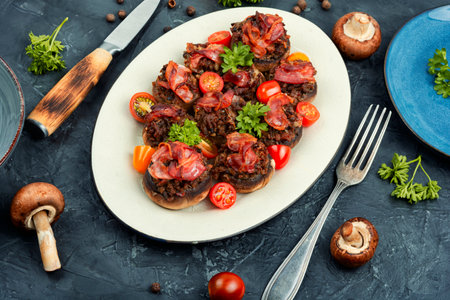 Delicious champignon mushrooms caps stuffed with minced meat and bacon.の写真素材