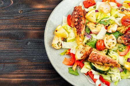 Salad of fresh vegetables and octopus tentacles and squid on plate. Copy spaceの写真素材