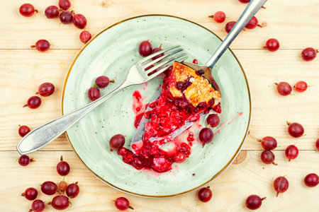 Summer open pie with red currants and gooseberries. Slice of fruit pie.の写真素材