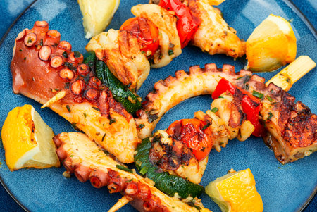 Seafood skewer. Grilled octopus or squid on a skewerの写真素材