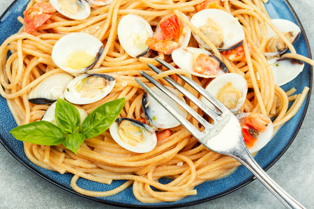 Pasta with clams, molluscs and spaghetti. Traditional italian seafood pastaの写真素材