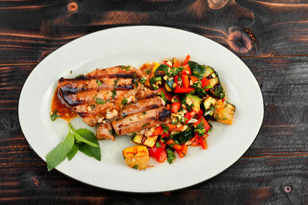 Cooked tuna steak with vegetables on wooden table. Seafood.の写真素材