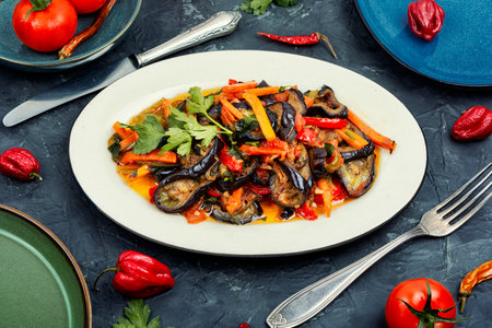 Vegetable saute or caponata with eggplant. Vegetarian food, vegetable stew.の写真素材