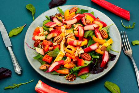 Tasty salad bowl with pepper, rhubarb, nuts and lettuce.の写真素材