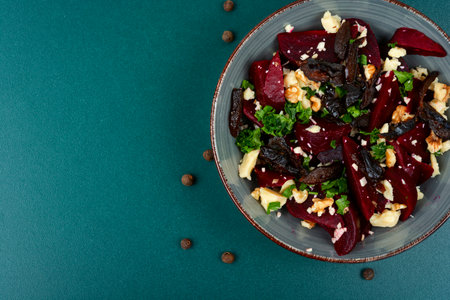 Tasty salad of beetroot, cheese, prunes and nuts. Copy space.の写真素材