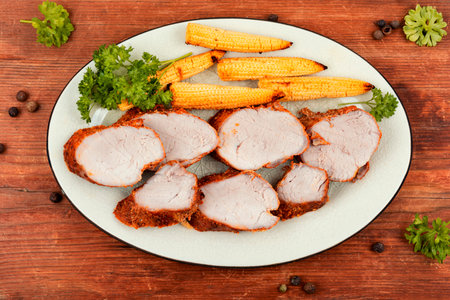 Sliced pork tenderloin grilled with corn on rustic wooden table. Baked meat. Top view.の写真素材