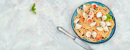Seafood pasta with clams and spaghetti. Copy spaceの写真素材