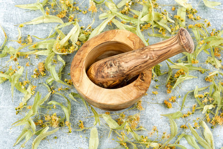 Dried linden flowers and mortar. Herbal medicine.の写真素材
