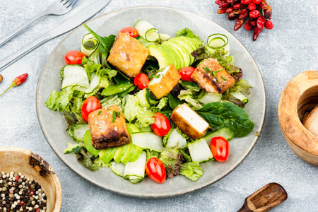 Vegetarian salad with fried tofu, vegetables and herbsの写真素材
