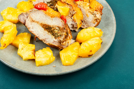 Pork steak with pineapple on plateの写真素材