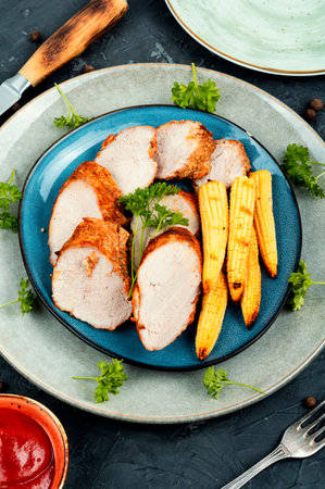 Barbecue pork filet medaillons with grilled baked corn.の写真素材