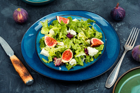 Vitamin fresh salad of greens, ripe figs and diet cheese on blue concrete background.の写真素材