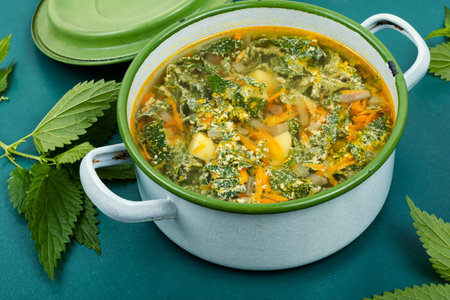 Nettle vegan soup made from young of nettles. Green nettle soup.の写真素材