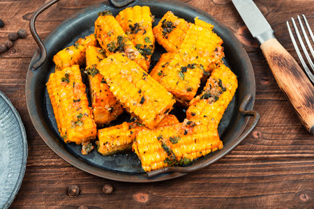 Ears of corn or maize baked with herbs. Grilled young corn from above on the rustic wooden table. Vegetarian dishes.の写真素材