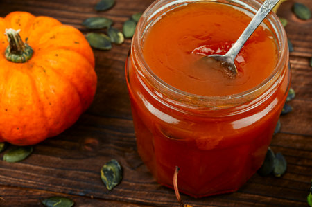 Pumpkin jam in a glass jar and fresh pumpkins. Pumpkin marmalade. Close up.の写真素材