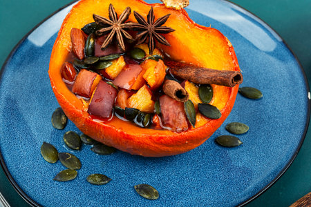 Half of the autumn pumpkin or squash roasted with apples, peaches and cinnamon. Vegetarian autumn recipeの写真素材