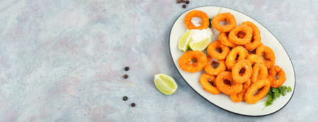 Deep fried calamari or squid rings. Delicious fried food. Space for text