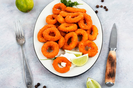 Baked breaded calamari or octopus rings on brown concrete table.の写真素材