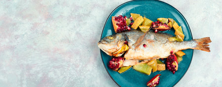 Tasty baked dorado fish with melon and pomegranate. Space for text.の写真素材