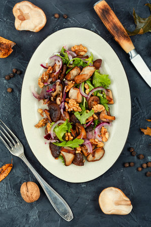 Vegetable yummy salad with grilled forest mushrooms, red onions, herbs and walnuts. Flat lay.の写真素材
